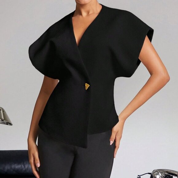 Black Elegant Women's Blouse With Butterfly Brooch - Picture 3 of 8